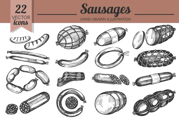 Vector Set Hand Drawn Sausages — Stock Vector
