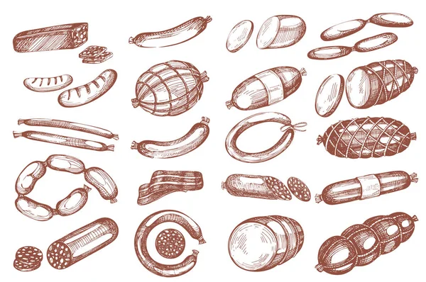 Set Vettoriale Con Salsicce Disegnate Mano — Vettoriale Stock