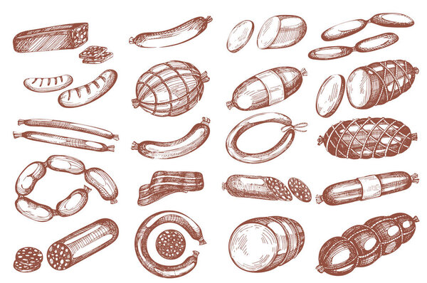 Vector set with hand-drawn sausages