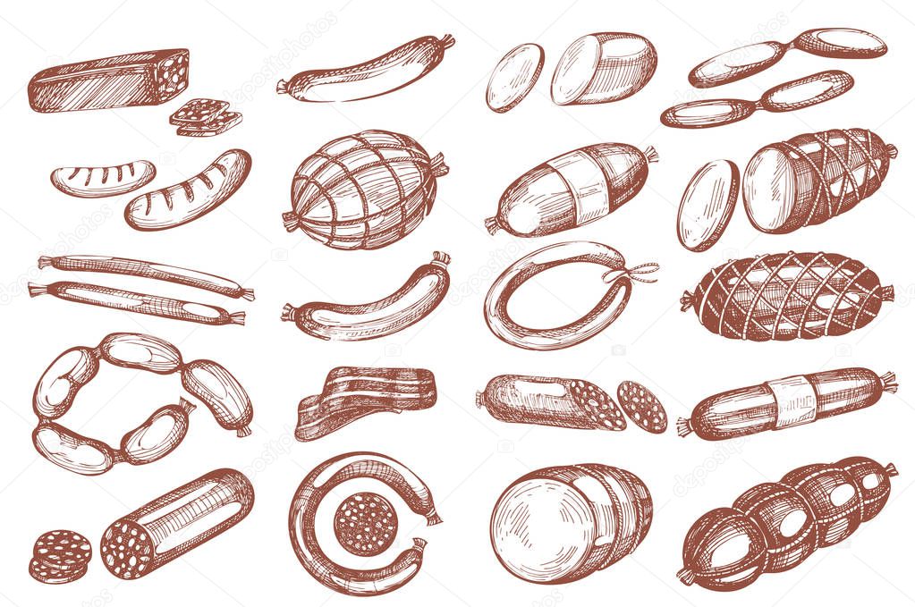 Vector set with hand-drawn sausages