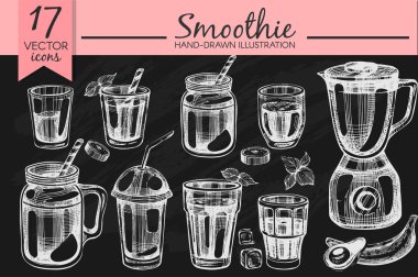 Set el ile vektör smoothies ve blender tahtaya çizilen