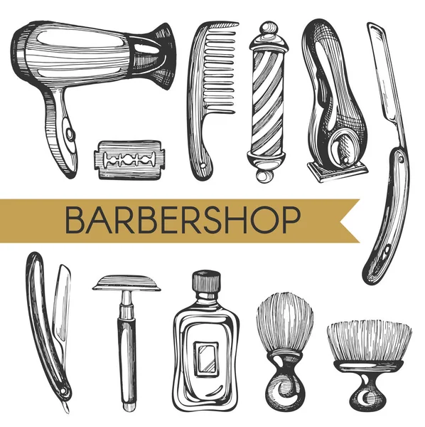 Vector Set Sketch Barber Shop Elements — Stock Vector