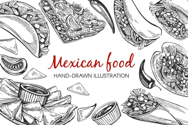 メキシコ料理とベクトルのフレーム 白い背景の上のスケッチ図 — ストックベクタ