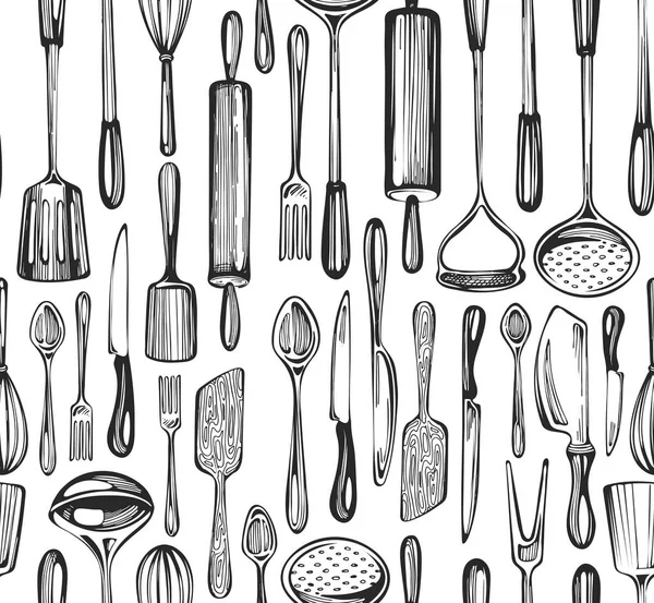 Modèle Sans Couture Avec Croquis Ustensiles Cuisine — Image vectorielle