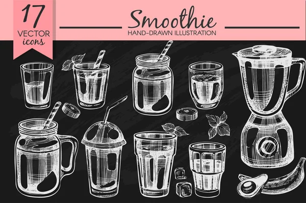 Conjunto Vetores Com Smoothies Desenhados Mão Liquidificador Quadro Negro — Vetor de Stock