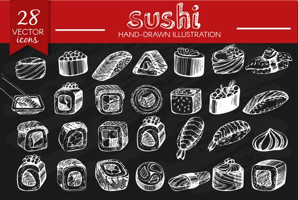 Vektor Set Mit Handgezeichnetem Sushi Auf Schwarzem Hintergrund — Stockvektor
