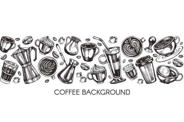 Naadloze Band Met Hand Getrokken Koffie Pictogrammen — Stockvector