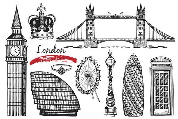 Conjunto Vetores Com Ícones Londres Desenhados Mão — Vetor de Stock