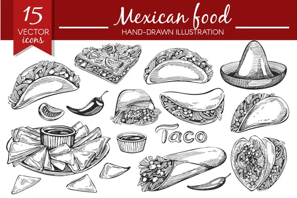 Conjunto Vetores Com Comida Mexicana Desenhada Mão Ilustração De Stock