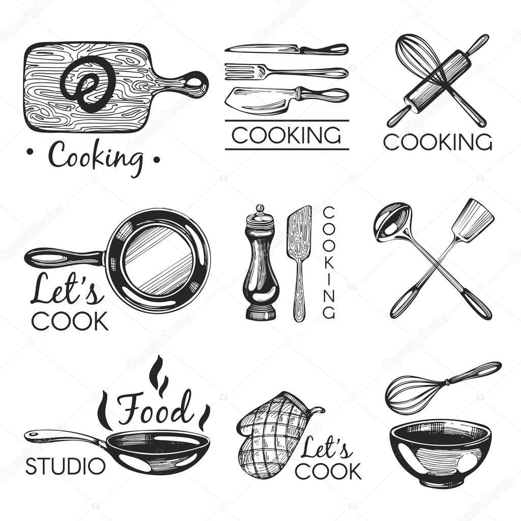 Vector set with logos. Bakery. Food studio. Cooking