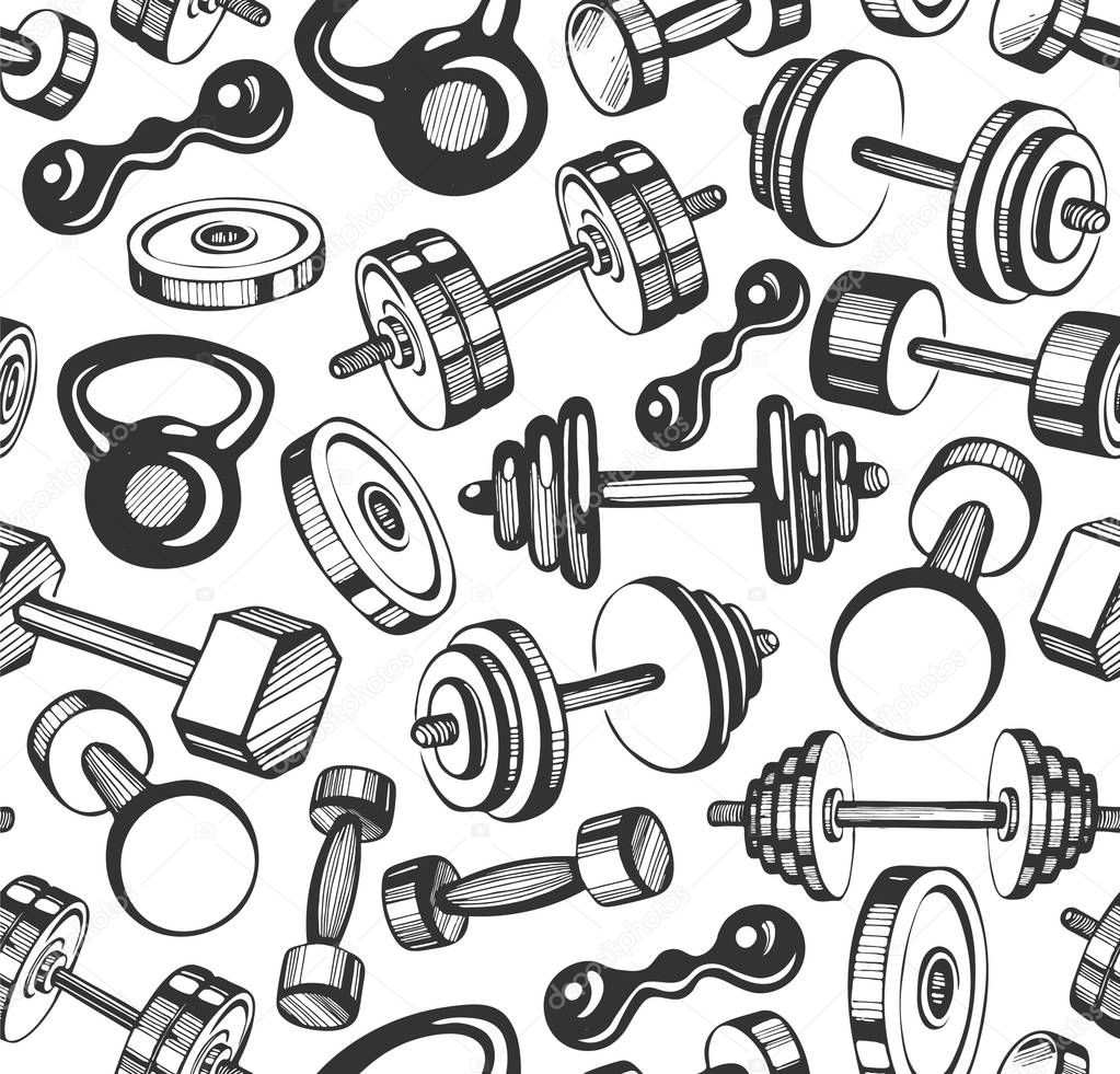 Seamless pattern with sketch  dumbbells on the white background