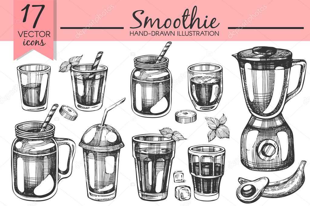 Vector collection with hand drawn smoothies and blender