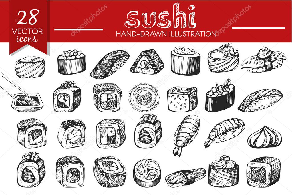 Vector set with hand drawn sushi on the white background