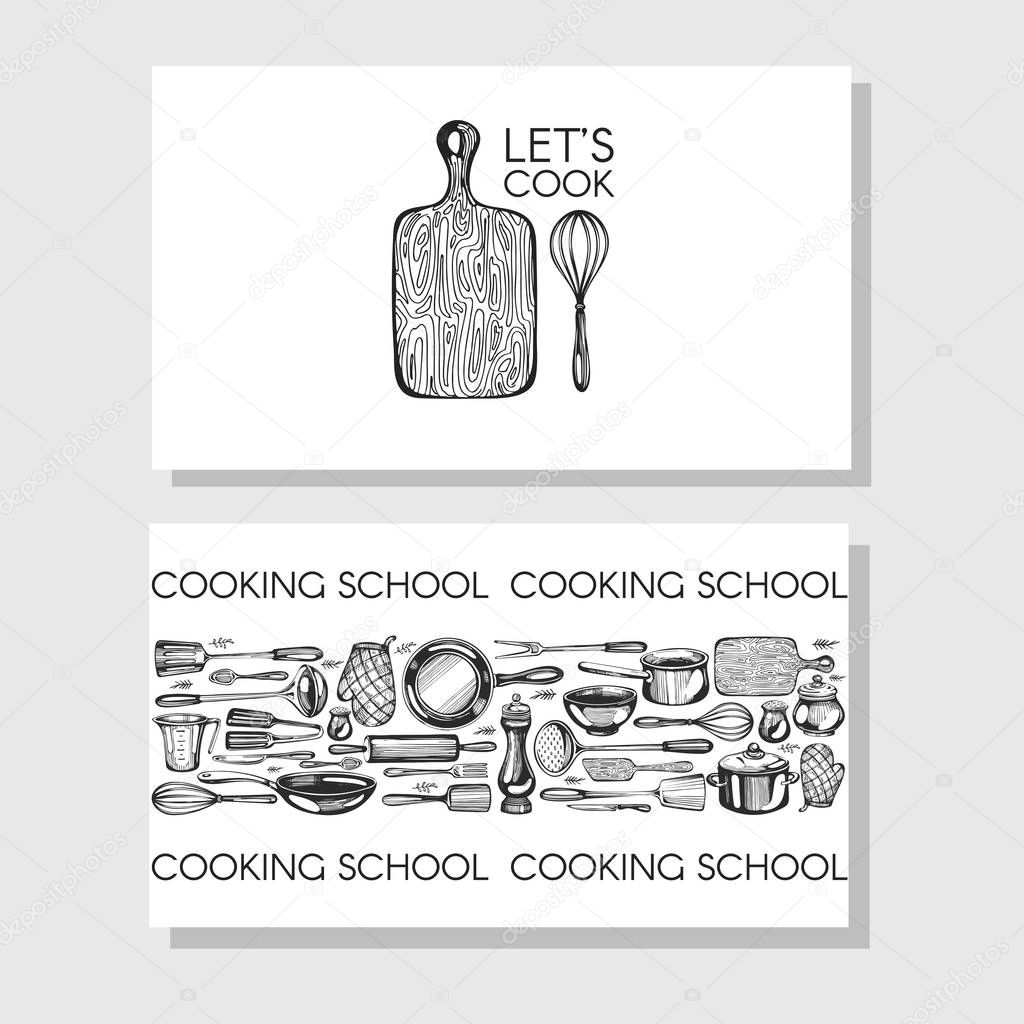 Business cards for cooking school, cooking class, food studio. Logotype and seamless  pattern