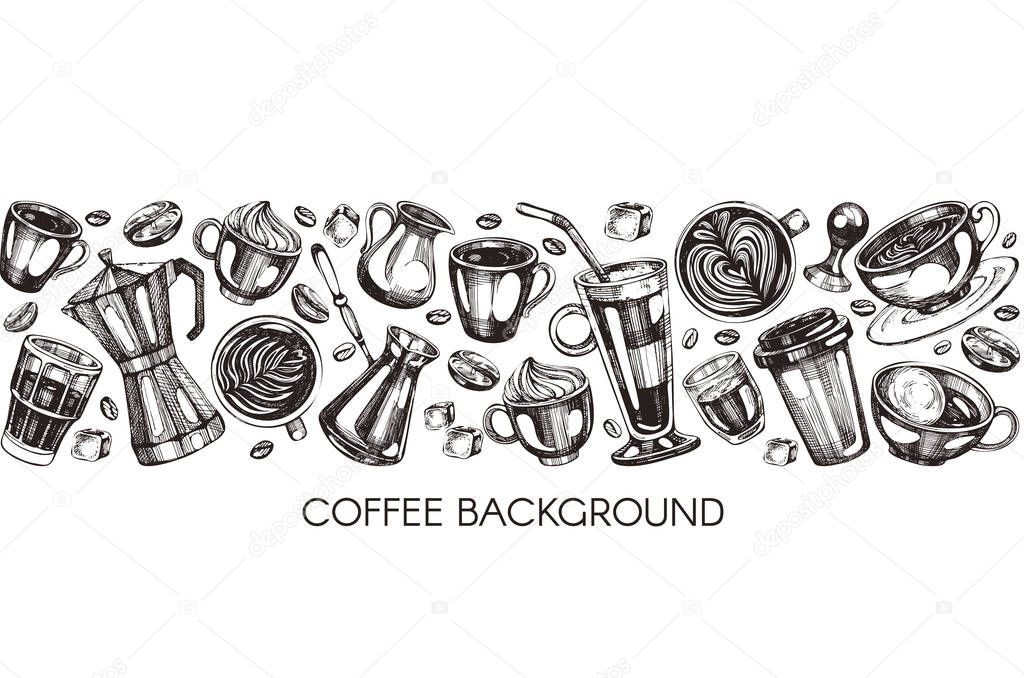  Seamless band with hand drawn coffee icons