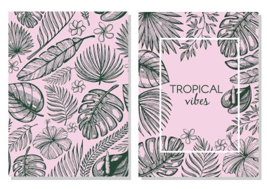 Trendy vektör çerçeve ve seamless modeli ile ayarla. Elle çizilmiş tropikal yaprak