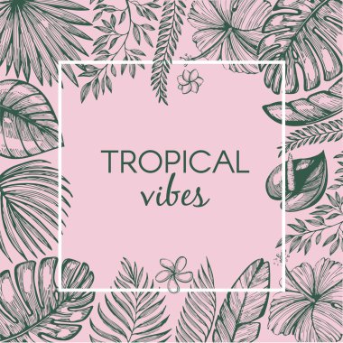 Modaya uygun çerçeve ile yeşil tropikal pembe arka plan üzerinde bırakır