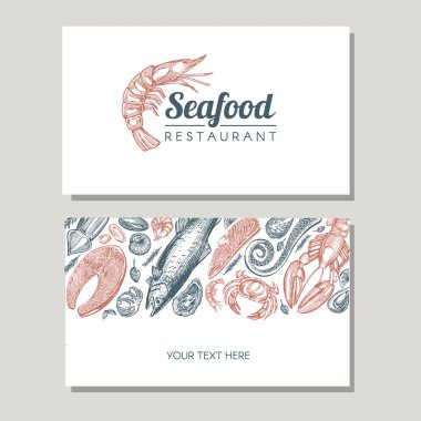 Deniz ürünleri kartvizit ve afiş. Elle çizilmiş şekil (midye, yengeç, ıstakoz, karides, somon, istiridye, ahtapot, kalamar) vektör logo ve şablon tasarımı ile ayarla..