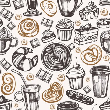 Grafik kahve fincanı ve fırın ile Seamless modeli 