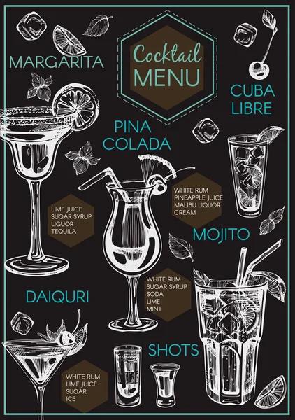 鸡尾酒酒吧菜单与图形插图 媒介横幅和传单为餐馆 设计模板 — 图库矢量图片