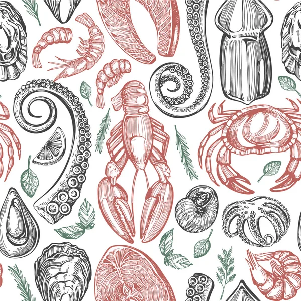 Modèle Sans Couture Avec Des Fruits Mer Dessinés Main — Image vectorielle