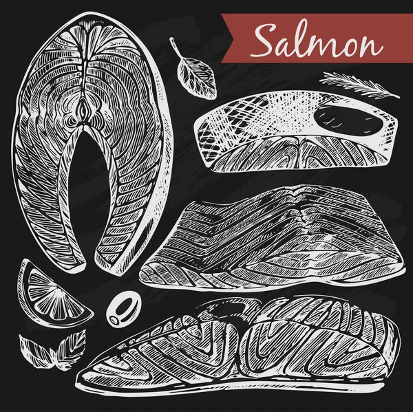 Vector Set Graphic Salmon Fillet Black Background — Stock Vector
