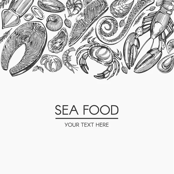 Desain Templat Vektor Dengan Tangan Ditarik Makanan Laut - Stok Vektor