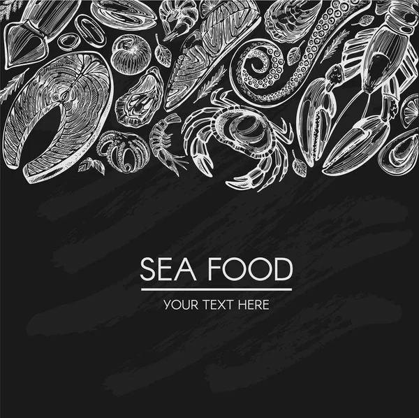 Vector Template Design Hand Drawn Sea Food Black Background — Stock Vector