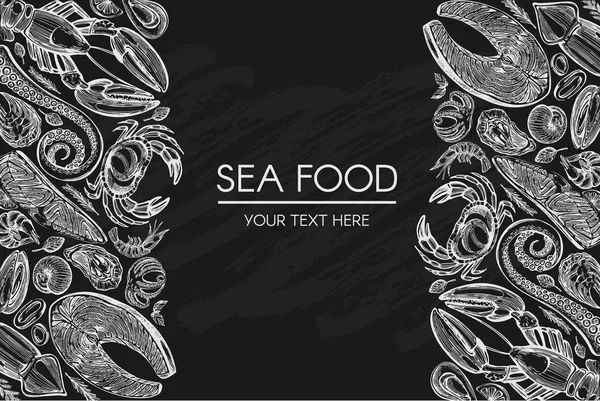 ベクター デザインで手描き下ろしコレクション黒い背景に海の食べ物 — ストックベクタ