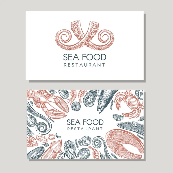 Seafood Business Card Banner Graphic Illustration Sea Food Mussels Crab — Stock Vector