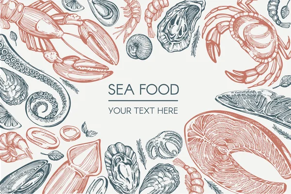 Vector Template Design Sea Food Hand Drawn Illustration — Stock Vector