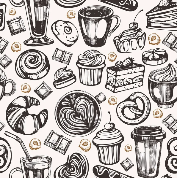 Patrón Sin Costura Con Café Dibujado Mano Panadería — Archivo Imágenes Vectoriales