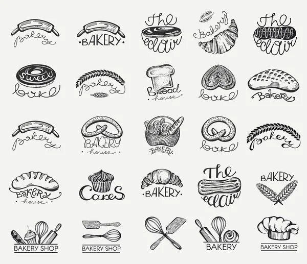 Set Vectores Con Logotipos Panadería Logotipos Etiquetas Iconos Objetos Panadería — Vector de stock