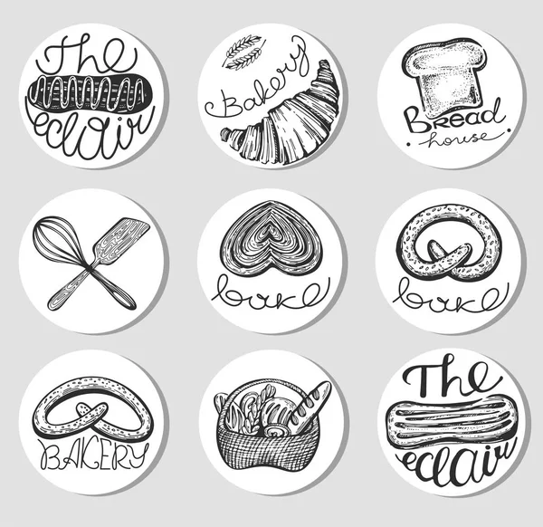 Vektor Set Von Vintage Bäckereiemblemen Logos Etiketten Mit Handgezeichneten Elementen — Stockvektor