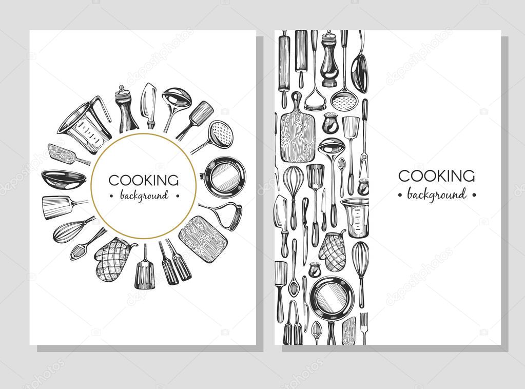 Vector set with cards. Kithchenware, cooking - graphic background.