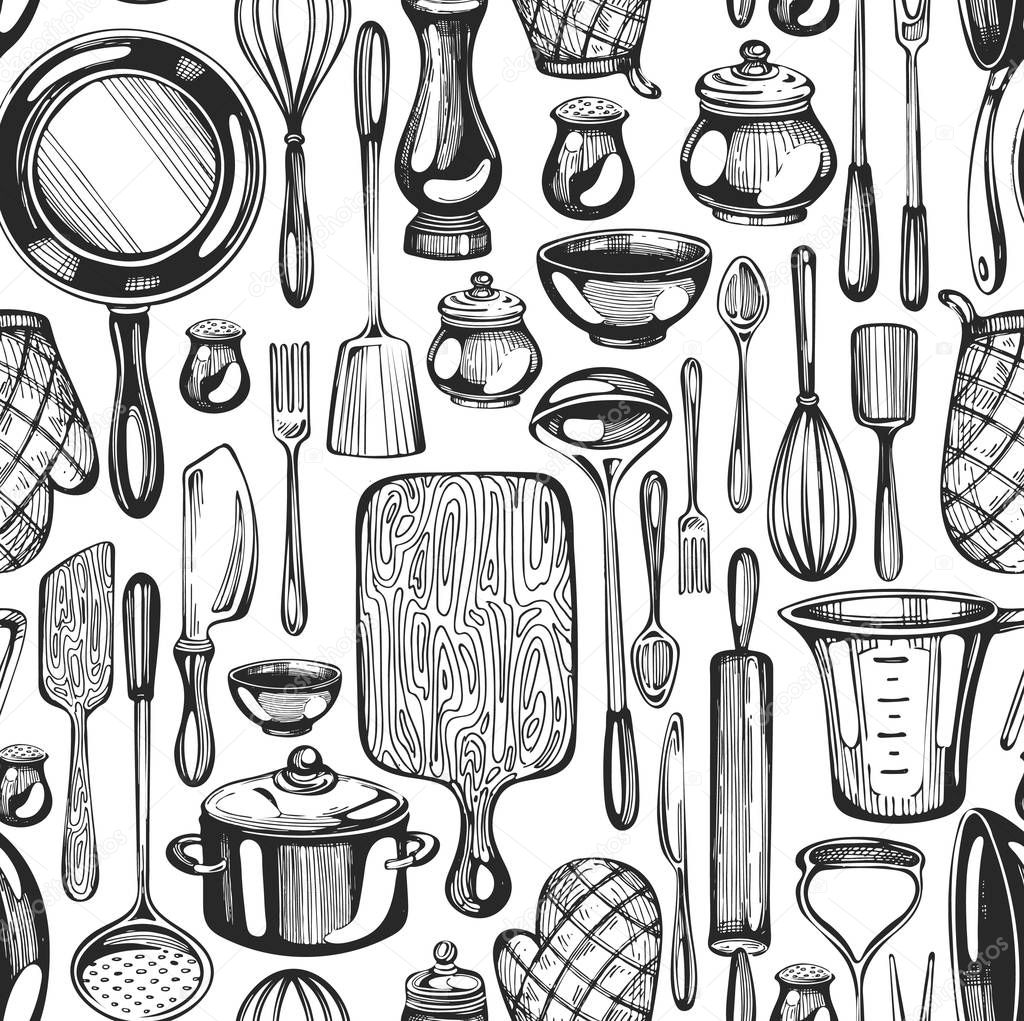 Seamless pattern with kitchenware hand-drawn icons