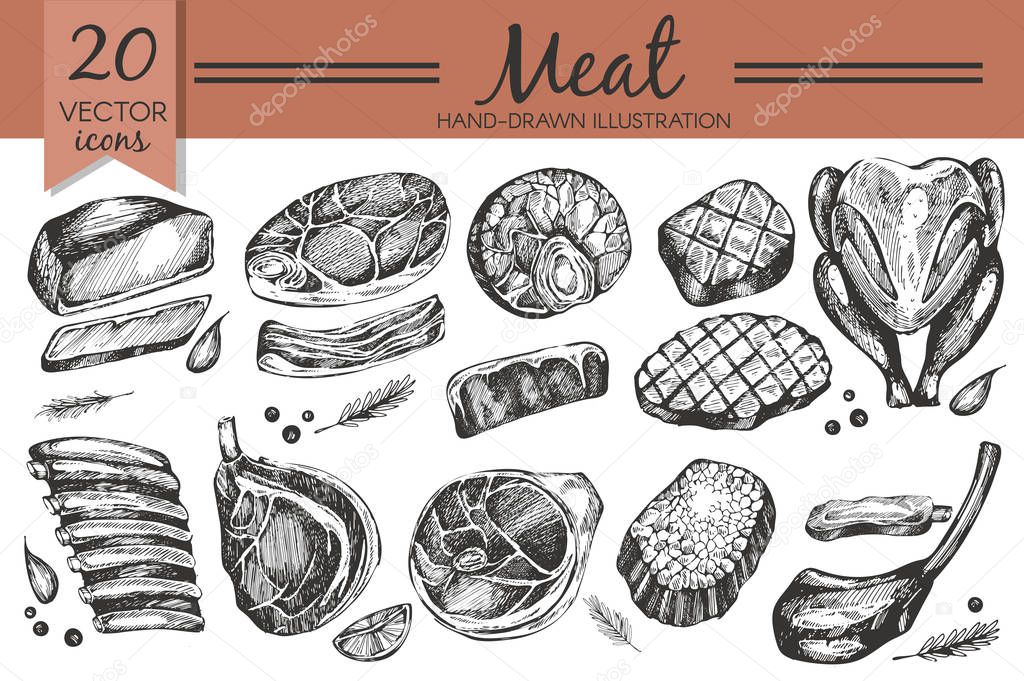Vector set wiyh hand drawn meat products