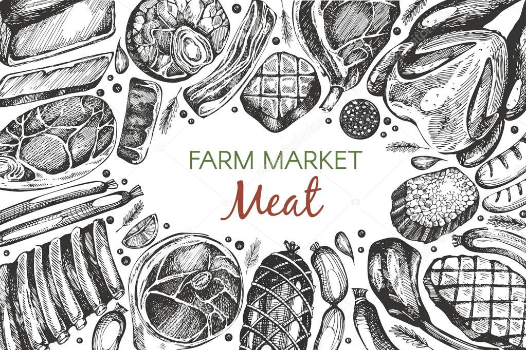 Vector frame for farm market with graphic meat products on the white background