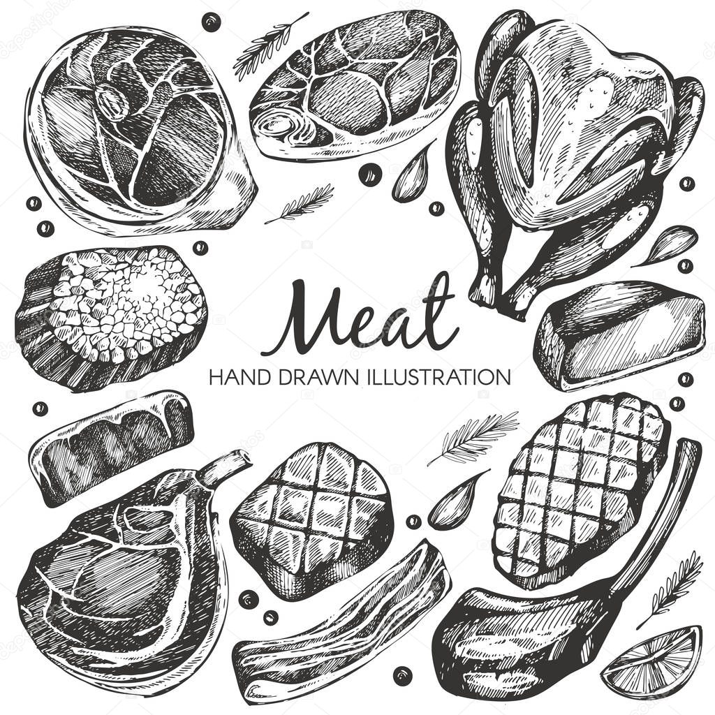 Vector set with hand drawn meat products on the white background