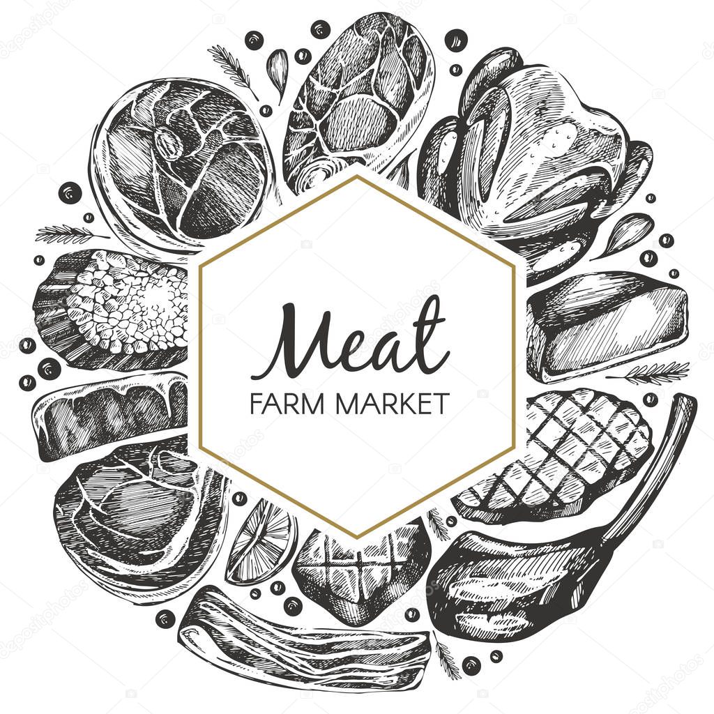 Trendy vector frame with hand drawn meat. Farm market.
