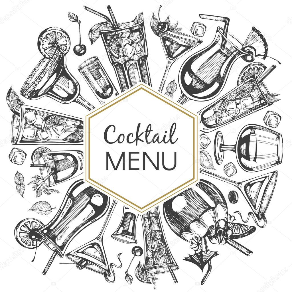Trendy frame with graphic cocktails. Cocktail menu. Bar menu.