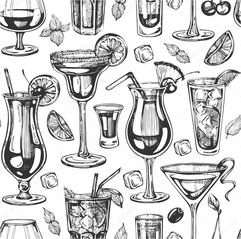 Seamless pattern with hand drawn cocktails