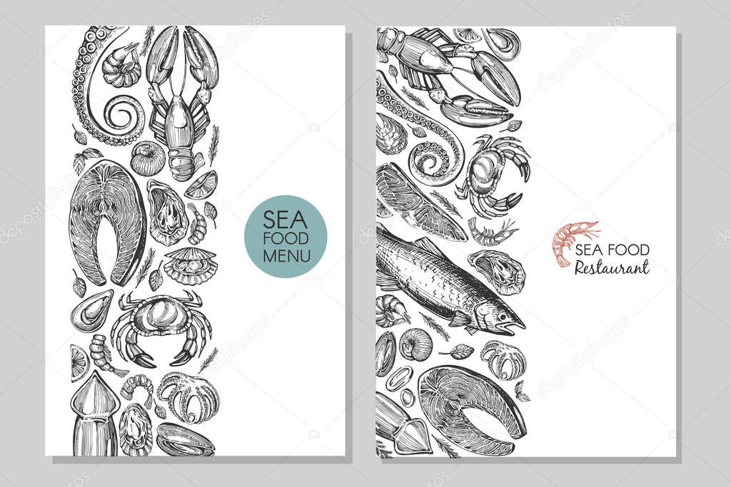 Business card with sea food. Vector set with banner and poster. Hand drawn illustration.