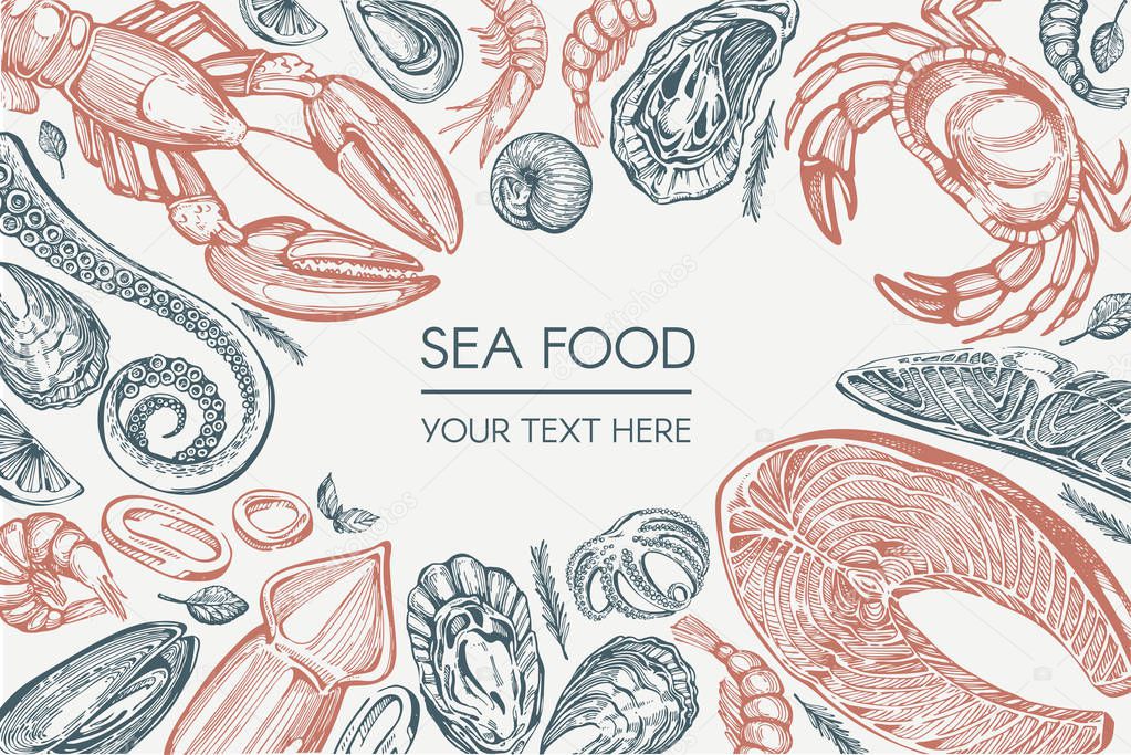 Vector template design with  sea food. Hand drawn illustration.