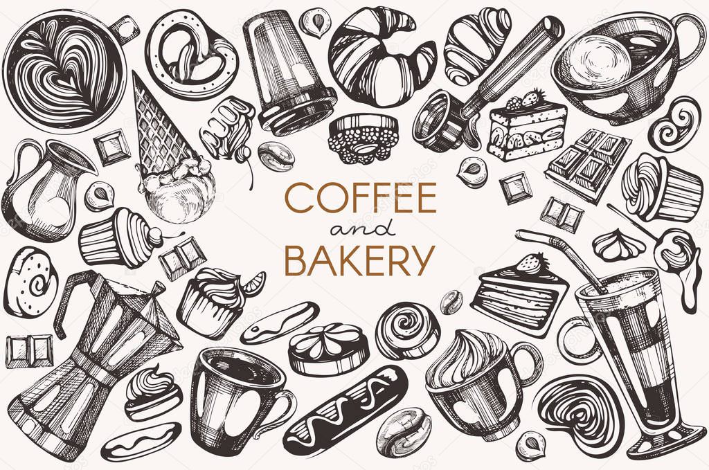 Vector set with graphic illustrations - coffee, cocoa, bakery and muffin