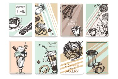 Posterler doodle kahve resimler vektör kümesi. Afiş, el ilanları ve menü tasarımı için modaya uygun şablonlar.