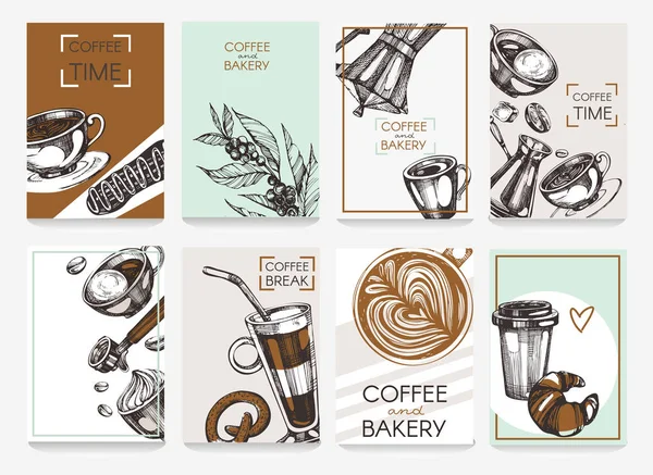 Vektor Set Von Postern Mit Skizzierten Kaffeehintergründen Trendige Vorlagen Für — Stockvektor