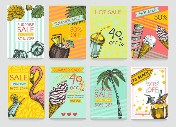 Vector Set Summer Sale Cards Beautiful Bright Posters Cocktails Flamingo — Stock Vector