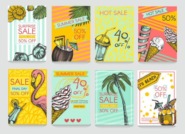 Conjunto Vectorial Tarjetas Venta Verano Hermosos Carteles Brillantes Con Cócteles — Vector de stock