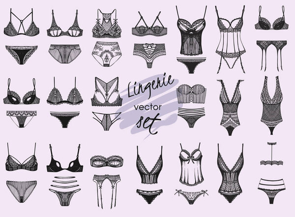 Vector collection with hand drawn lingerie on the white background